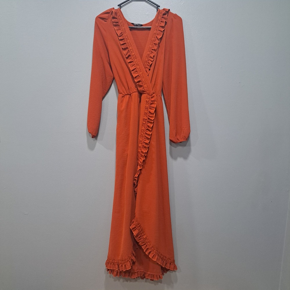 Simplee Sz MEDIUM Long Sleeve Boho Maxi Wrap Dress Ruffles Burnt Orange Flowy